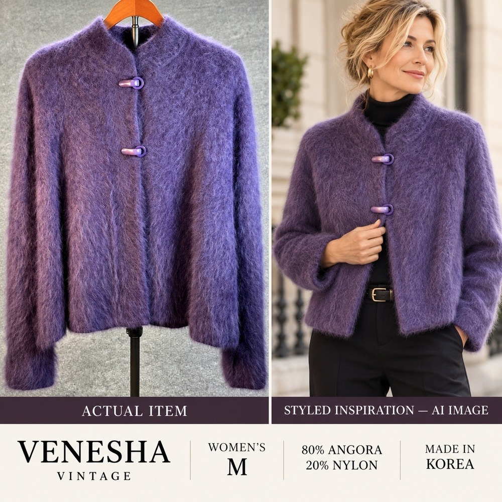 VTG Venesha Purple Angora Fuzzy Fluffy Winter Jacket Size Medium Old Money 80s